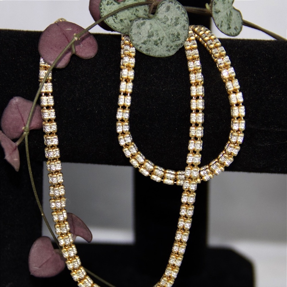 Italy 18K GP Two Tone Sterling Silver Double Row Popcorn Chain Necklace 22 Inch